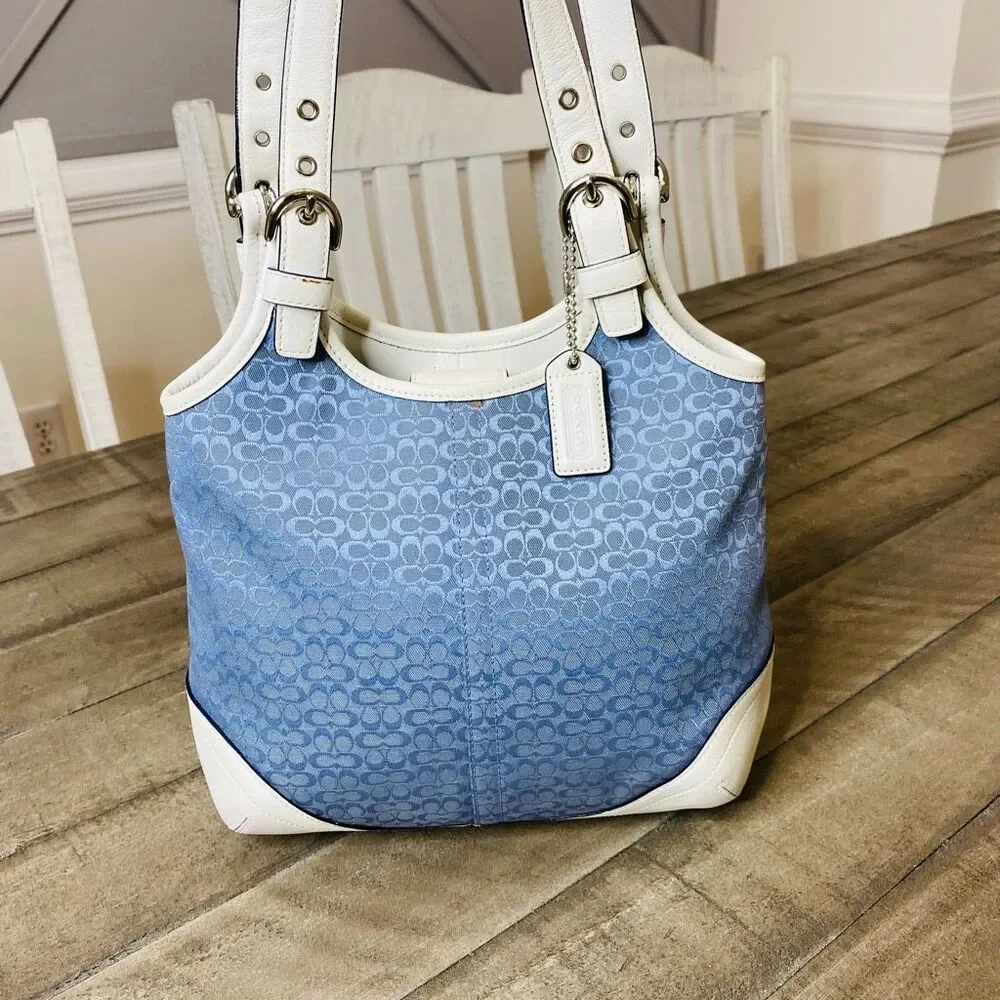 Coach Blue Canvas White Leather Trim Double Handles Shoulder Bag - Picture 3 of 10